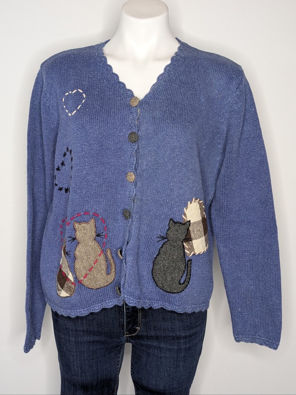 Vintage Breckenridge Blue Brown Cat Applique Cotton Blend Button Up Cardigan M
